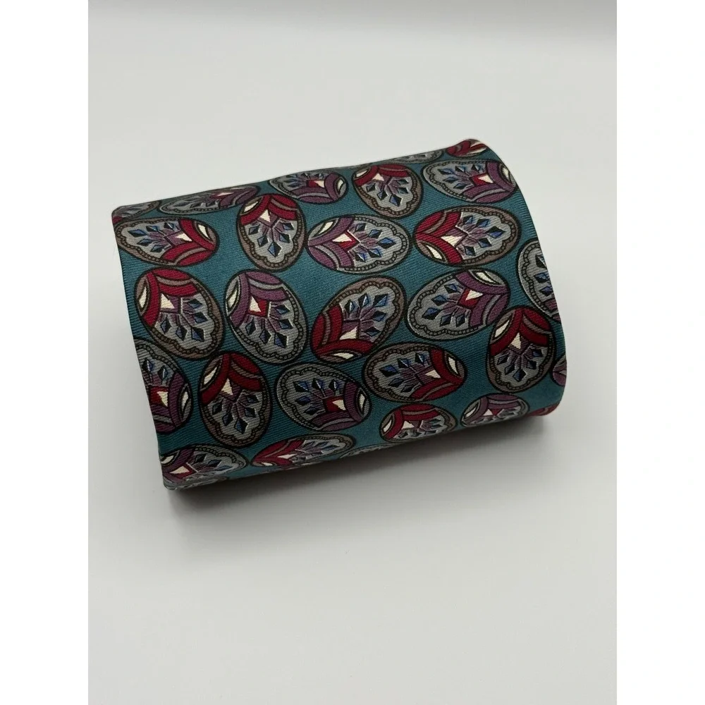 Christian Dior Necktie OS Vintage Silk Medallion Teal Burgundy Designer Retro